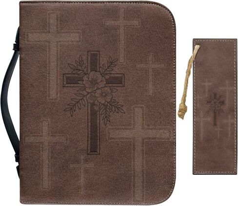 Vintage Style Brown Floral and Cross Bible Case with Bookmark Waterproof Bible Cover Case for Women Lightweight Bible Bag with Handle Pockets Church Book Bag in Saudi Arabia