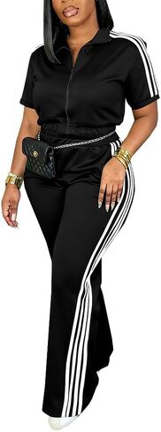 HBQ Women's Two Piece Tracksuit Set Short Sleeve Zip Up Polo Top Side Stripe Flare Pants with Pocket Athletic Casual Outfit in Saudi Arabia