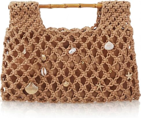 Women Crochet Woven Mesh Handbag 14" x 8" Bamboo Summer Seaside Beach Vacation Straw Tote Wedding Party Gift in Saudi Arabia
