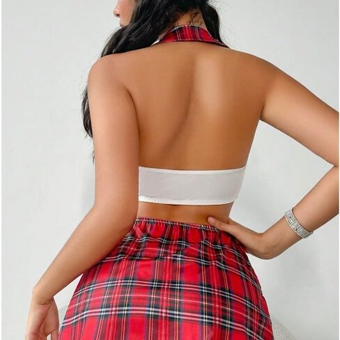 Women's Sexy Plaid 2-Piece Lingerie Set Babydoll Top and Garter Skirt with Adjustable Straps Tartan Print Valentines Day Gift in Saudi Arabia