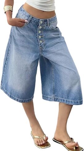Tbahhir شورت برمودا قصير جينز للنساء واسع الساق فضفاض Jorts سروال دينم صيفي Y2k لكابري عالي الخصر غير رسمي in Saudi Arabia