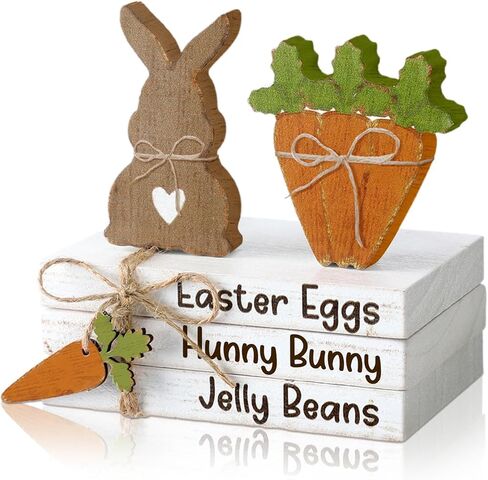Ferraycle 4 Pcs Easter Table Decor Wooden Sign Happy Easter Farmhouse Wooden Block Decorative Book Tiered Tray Easter Decor Rustic Spring Decoration for Fireplace Living Room(Bunny Carrot Style) in Saudi Arabia