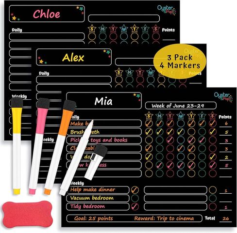 Magnetic Black Chore Chart 3pcs for Multiple Kids & Adults - 4 Fine Tip Markers - Dry Erase Refrigerator Black Boards - Reward Good Behavior & Responsibility - Organize The Family (Black) in Kuwait