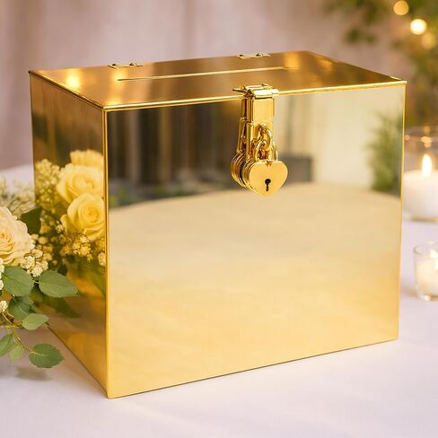 صندوق بطاقات الزفاف بمرآة ذهبية من الأكريليك مع قفل على شكل قلب، صندوق بطاقات DIY مع ملصقات للحفلات وحفلات التخرج والمناسبات الخاصة، مقاس 10x10x5.5 بوصة in Saudi Arabia