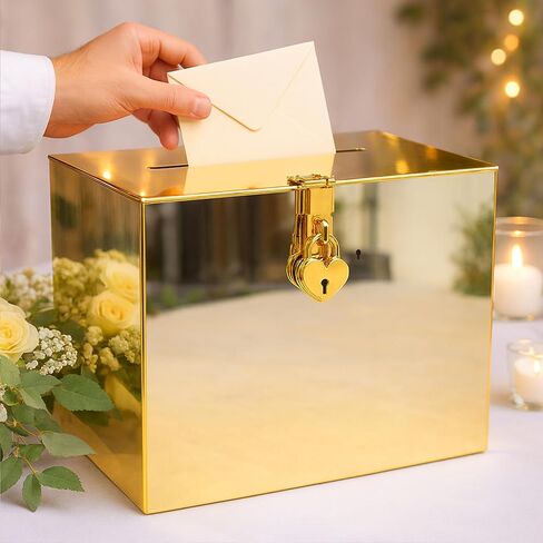 صندوق بطاقات الزفاف بمرآة ذهبية من الأكريليك مع قفل على شكل قلب، صندوق بطاقات DIY مع ملصقات للحفلات وحفلات التخرج والمناسبات الخاصة، مقاس 10x10x5.5 بوصة in Saudi Arabia