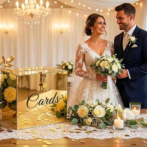 صندوق بطاقات الزفاف بمرآة ذهبية من الأكريليك مع قفل على شكل قلب، صندوق بطاقات DIY مع ملصقات للحفلات وحفلات التخرج والمناسبات الخاصة، مقاس 10x10x5.5 بوصة in Saudi Arabia