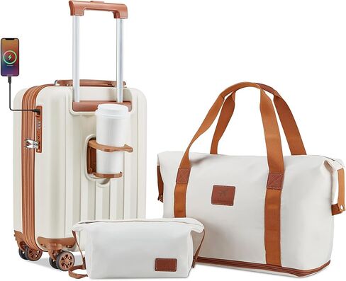 imiomo Carry on Luggage 18 Inch Suitcases with Wheels, Expandable Carry on Suitcase with USB Port and Cup Holder, Hardside Travel Luggage Set with TSA Lock, Beige Brown in Kuwait