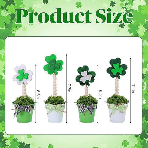 4 قطع من نباتات شامروك لعيد القديس باتريك، ديكور بوعاء صناعي خشبي، علامة قطعة مركزية لطاولة البرسيم لتزيين المنزل والمكتب الأيرلندي والحفلات المكتبية in Kuwait