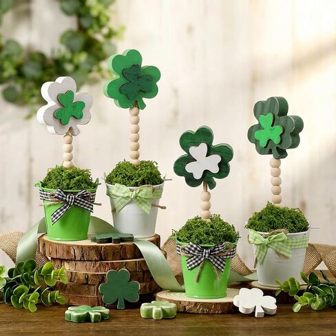 4 قطع من نباتات شامروك لعيد القديس باتريك، ديكور بوعاء صناعي خشبي، علامة قطعة مركزية لطاولة البرسيم لتزيين المنزل والمكتب الأيرلندي والحفلات المكتبية in Kuwait