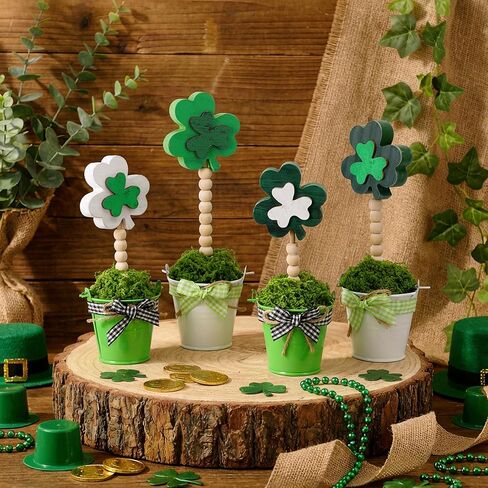 4 قطع من نباتات شامروك لعيد القديس باتريك، ديكور بوعاء صناعي خشبي، علامة قطعة مركزية لطاولة البرسيم لتزيين المنزل والمكتب الأيرلندي والحفلات المكتبية in Kuwait