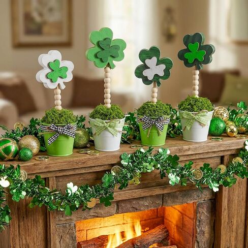 4 قطع من نباتات شامروك لعيد القديس باتريك، ديكور بوعاء صناعي خشبي، علامة قطعة مركزية لطاولة البرسيم لتزيين المنزل والمكتب الأيرلندي والحفلات المكتبية in Kuwait