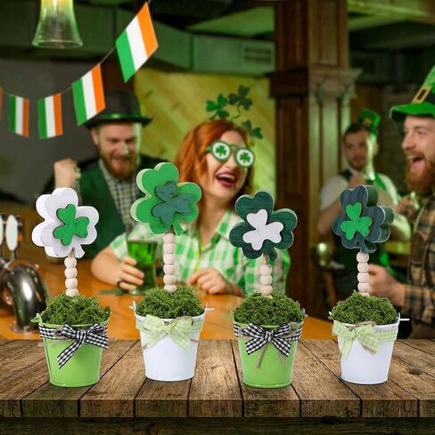 4 قطع من نباتات شامروك لعيد القديس باتريك، ديكور بوعاء صناعي خشبي، علامة قطعة مركزية لطاولة البرسيم لتزيين المنزل والمكتب الأيرلندي والحفلات المكتبية in Kuwait