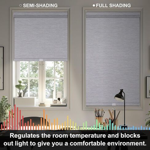 ستائر تعتيم دوارة للنوافذ، ستائر دوارة لاسلكية بدون توقف، ستائر نافذة جاكار مخططة لغرفة النوم، قماش معزول حراريًا (رمادي، عرض 35 بوصة × ارتفاع 72 بوصة) in Kuwait