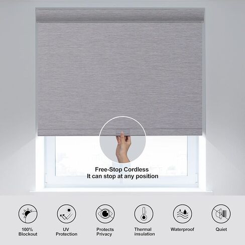 ستائر تعتيم دوارة للنوافذ، ستائر دوارة لاسلكية بدون توقف، ستائر نافذة جاكار مخططة لغرفة النوم، قماش معزول حراريًا (رمادي، عرض 35 بوصة × ارتفاع 72 بوصة) in Kuwait