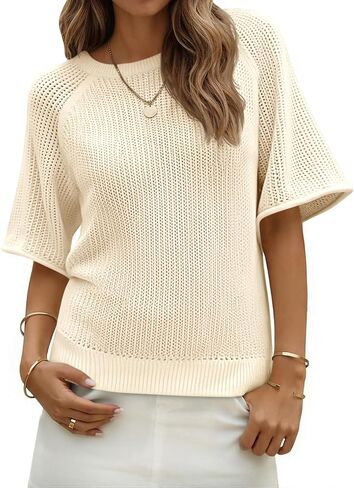 Saodimallsu Womens Short Sleeve Sweaters Crochet Knit Casual Crew Neck Lightweight Summer Trendy Sweater Tops in Saudi Arabia