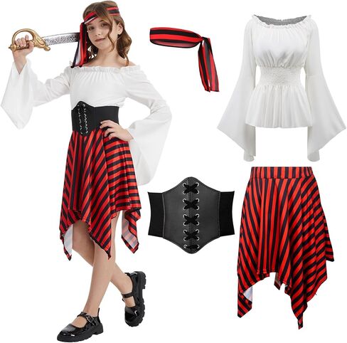 زي القرصان للفتيات، فستان عصر النهضة، قميص العصور الوسطى مع وشاح الرأس، حزام الخصر، مجموعات إكسسوارات زي القرون الوسطى in Kuwait