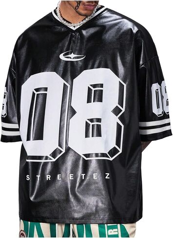 GORGLITTER Men's Leather Shirt Number Graphic Tees Half Short Sleeve Y2k Hop Hop Jersey Oversized Tshirt Streetwear in Saudi Arabia