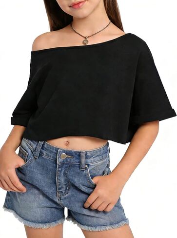 قمصان علوية للفتيات مكشوفة الكتف وأكمام قصيرة وكبيرة الحجم وأساور ملفوفة وقمصان قصيرة مناسبة للأطفال in Kuwait