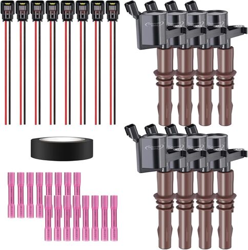 Set of 8 Green Ignition Coils & Pigtail Connector Wiring Harness Kit Compatible with Ford F150 E350 Expedition Lincoln Mercury 4.6L 5.4L Replacement For DG508 DG457 in Saudi Arabia