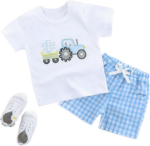 2Pcs Toddler Little Baby Boys Girls Outfits Short Sleeve Embroidery Tops and Plaid Shorts Set in Saudi Arabia