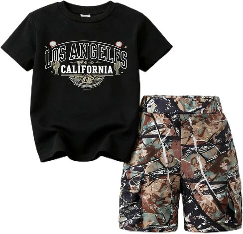 7-14 Years Boys' 2-Piece Outfit T-Shirt & Camouflage Cargo Shorts Set Summer Clothes for Kids in Kuwait
