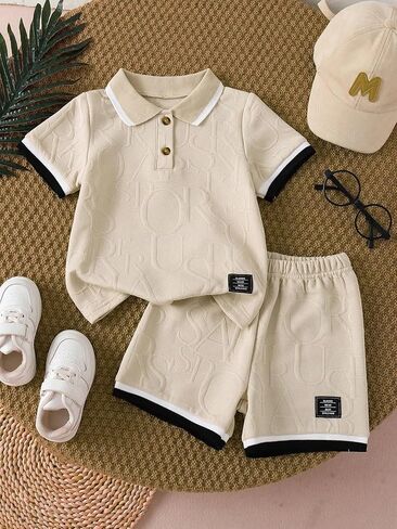 Toddler Boys 2 Piece Suit Textured Knit Polo and Shorts Striped Trim Breathable Outfit Sets in Saudi Arabia