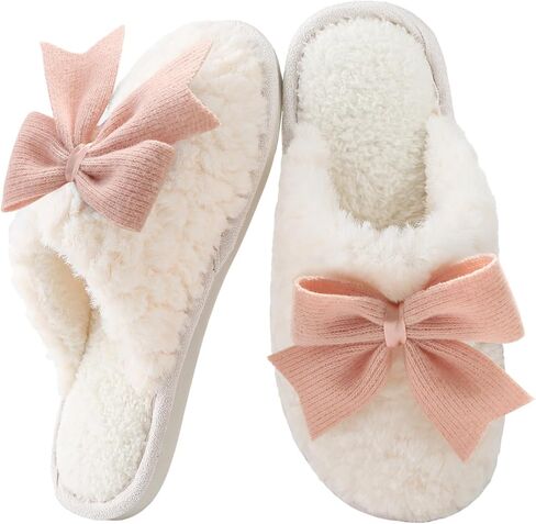 Women's Memory Foam Slippers, Cute Bow Design, Plush Faux Fur Indoor Outdoor House Shoes, Cozy Lightweight Footwear for Adults in Saudi Arabia