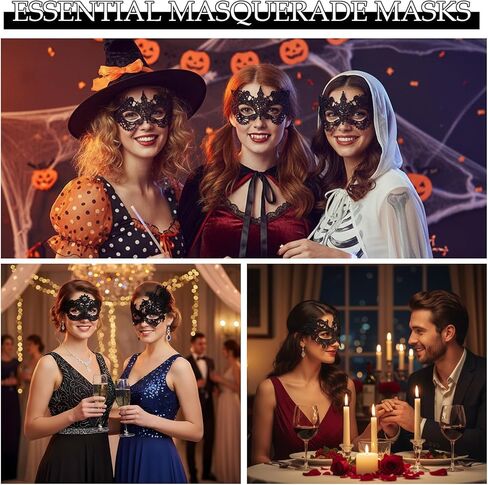 Lusofie 3Pcs Lace Mask for Masquerade Party - Venetian Style Black Masquerade Mask for Women Mardi Gras Party Halloween Ball in Saudi Arabia