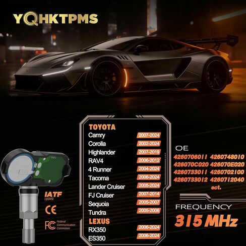 مستشعر الإطارات المبرمج مسبقًا TPMS 315 ميجاهرتز، مع➥: -Toyota 4 Runner(04-24)|Corolla(02-24)|Tacoma(06-24)|Camry (07-24)|Highlander(07-19)|FJ كروزر (07-14)|RAV4(06-12)،OE:PMV-107J.PMV-C010/(4 قطع) in Kuwait