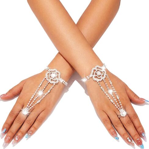 GORTIN Rhinestones Fingerless Gloves Flower Sparkle Crystal Gloves Bridal Hand Chain Accessories for Women in Saudi Arabia