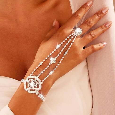 GORTIN Rhinestones Fingerless Gloves Flower Sparkle Crystal Gloves Bridal Hand Chain Accessories for Women in Saudi Arabia