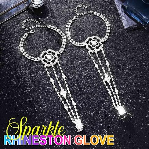 GORTIN Rhinestones Fingerless Gloves Flower Sparkle Crystal Gloves Bridal Hand Chain Accessories for Women in Saudi Arabia