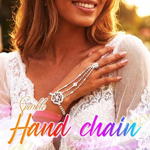 GORTIN Rhinestones Fingerless Gloves Flower Sparkle Crystal Gloves Bridal Hand Chain Accessories for Women in Saudi Arabia
