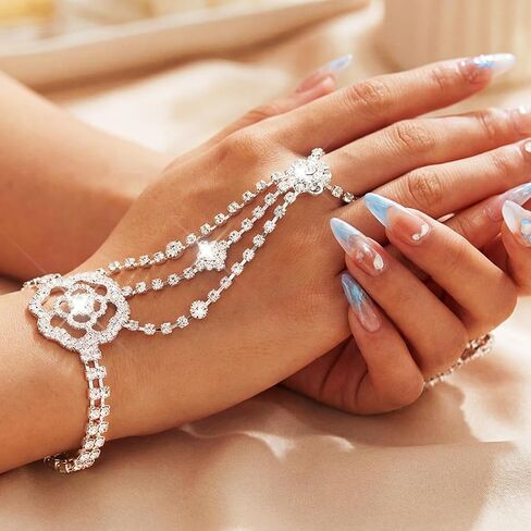 GORTIN Rhinestones Fingerless Gloves Flower Sparkle Crystal Gloves Bridal Hand Chain Accessories for Women in Saudi Arabia