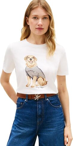 Tommy Hilfiger Womens Short Sleeve Cotton Graphic Crew Neck T-Shirts with Printed Dog Graphic Dog Mom Shirt in Saudi Arabia