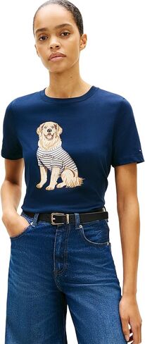 تي شيرت Tommy Hilfiger نسائي قصير الأكمام من القطن برقبة دائرية مع قميص مطبوع عليه رسومات الكلب لأم الكلب in Kuwait