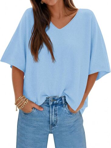 Saodimallsu Womens Oversized Summer Sweater Half Sleeve Batwing V Neck Dolman Sleeve Trendy Casual Knit Tops in Saudi Arabia