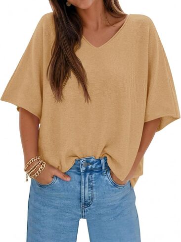 Saodimallsu Womens Oversized Summer Sweater Half Sleeve Batwing V Neck Dolman Sleeve Trendy Casual Knit Tops in Saudi Arabia