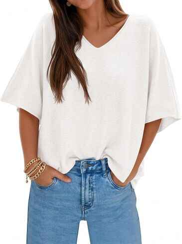 Saodimallsu Womens Oversized Summer Sweater Half Sleeve Batwing V Neck Dolman Sleeve Trendy Casual Knit Tops in Saudi Arabia
