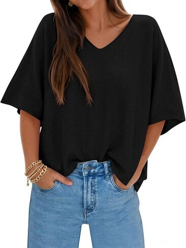 Saodimallsu Womens Oversized Summer Sweater Half Sleeve Batwing V Neck Dolman Sleeve Trendy Casual Knit Tops in Saudi Arabia
