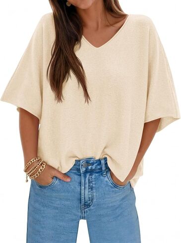 Saodimallsu Womens Oversized Summer Sweater Half Sleeve Batwing V Neck Dolman Sleeve Trendy Casual Knit Tops in Saudi Arabia