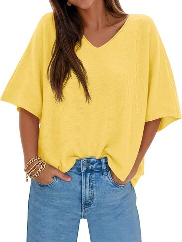Saodimallsu Womens Oversized Summer Sweater Half Sleeve Batwing V Neck Dolman Sleeve Trendy Casual Knit Tops in Saudi Arabia