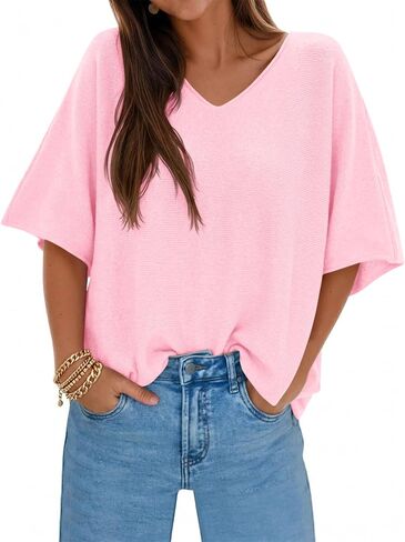 Saodimallsu Womens Oversized Summer Sweater Half Sleeve Batwing V Neck Dolman Sleeve Trendy Casual Knit Tops in Saudi Arabia