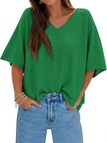 Saodimallsu Womens Oversized Summer Sweater Half Sleeve Batwing V Neck Dolman Sleeve Trendy Casual Knit Tops in Saudi Arabia