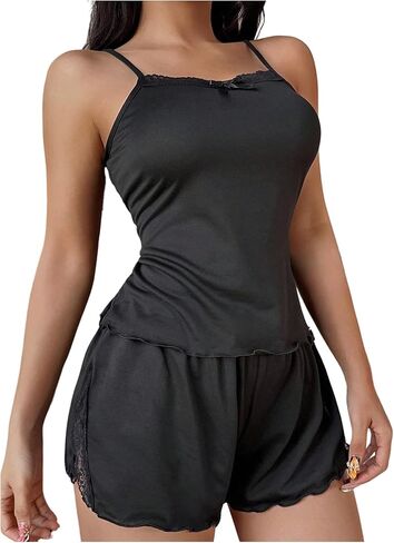Women's 2 Piece Pajama Sets Lace Cami Tops and Side Slit Mini Shorts Comfy Sleepwear in Saudi Arabia