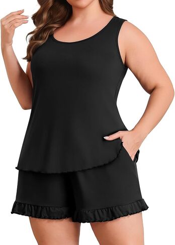 Lastshe Women Plus Size Pajama Set 2 piece Pjs Sleeveless Tank Tops Ruffled Shorts Print Super Soft Lounge Set Loungewear in Saudi Arabia