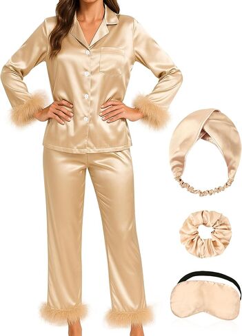 بيجامة حريرية للنساء مع ريشة وأكمام طويلة طقم بيجامة من الساتان مكون من قطعتين بأزرار سفلية ملابس نوم مطبوعة in Kuwait