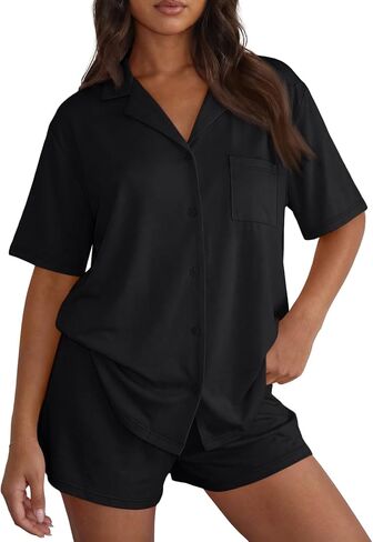 Trendy Queen Pajamas Set for Women 2 Piece Short Sleeve Sleepwear Button Down Pjs Matching Lounge Sets with Pockets in Saudi Arabia