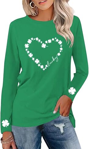 Saint Patricks Day Shirt Women Long Sleeve Green St Patricks Day Shamrock Shirt Irish Lucky Clover Heart Graphic Tee Top in Saudi Arabia
