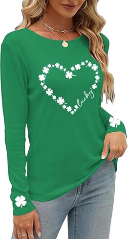 Saint Patricks Day Shirt Women Long Sleeve Green St Patricks Day Shamrock Shirt Irish Lucky Clover Heart Graphic Tee Top in Saudi Arabia